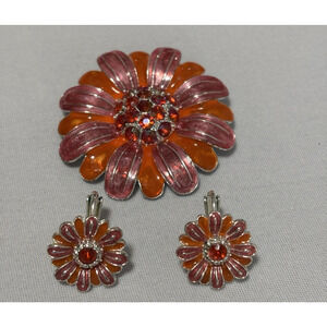 Vintage Orange Pink Rhinestone Flower Pin‎ Clip On Earring Set Colorful Spring